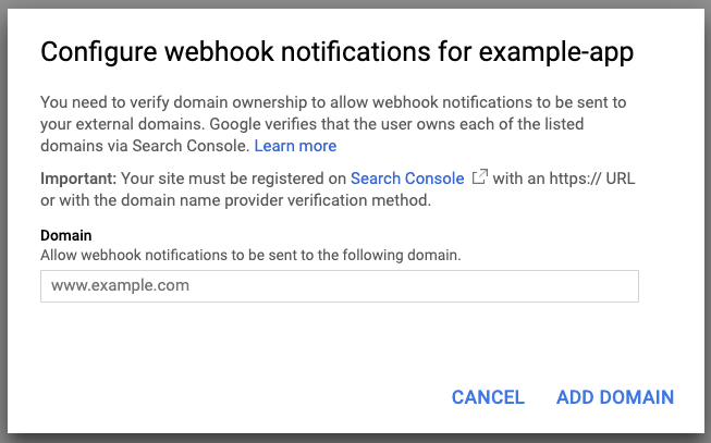 Adding an authorized domain for a Google Cloud Project in the domain verification tab