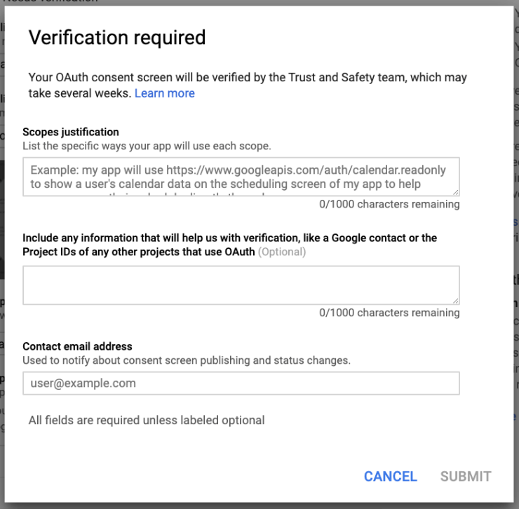 Example form for a project requesting verification